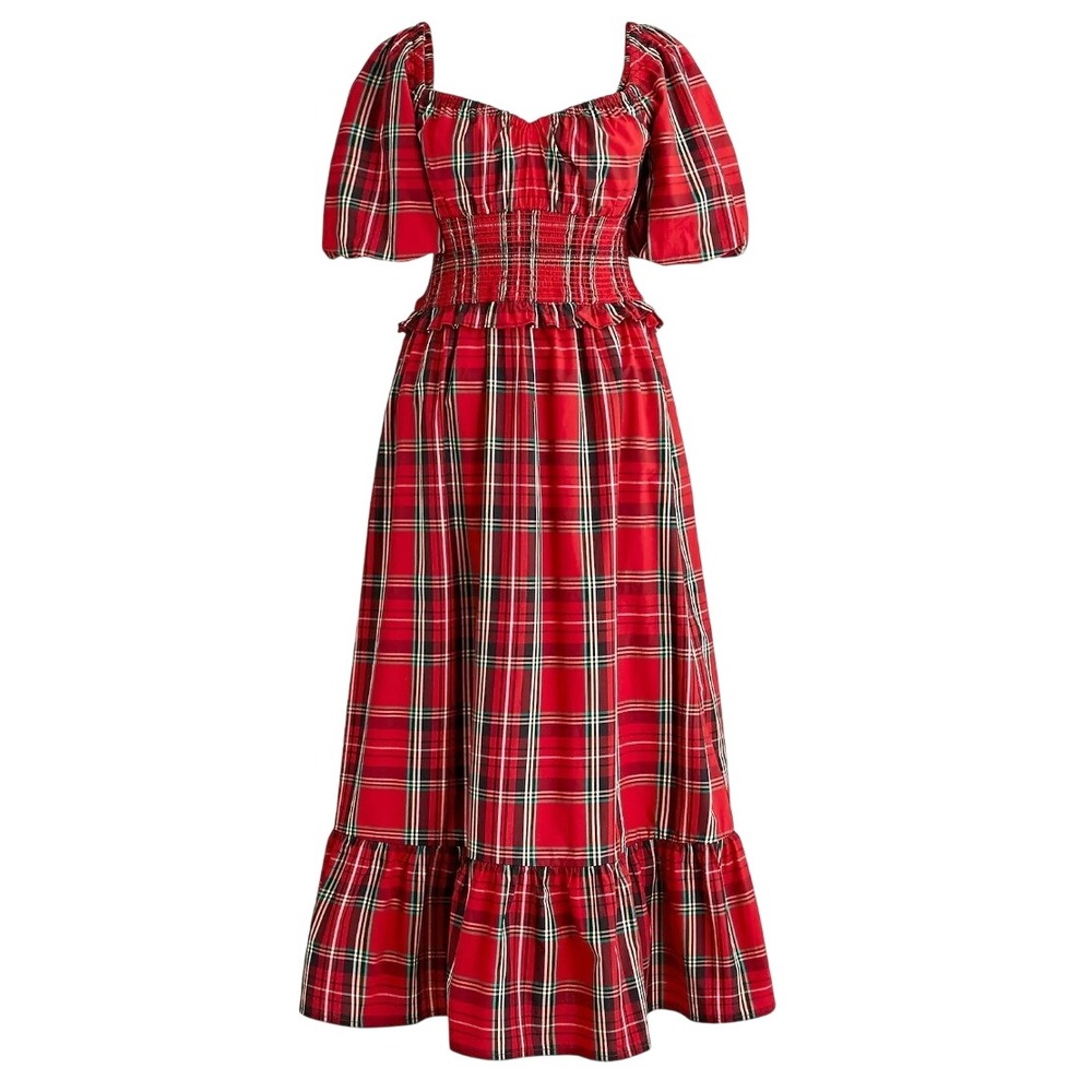 J.Crew Smocked Puff Sleeve Midi Dress S Red Tartan Plaid Poplin Holiday Cottage